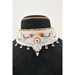 Ethnic <b>Silver</b> Plaster Chokar Set Necklace With Colorful Stones Flower Design Women's Wedding Style Beaded Jewelry - Product Image 1