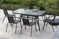 Conjunto de Comedor Moderno y Resistente para Exteriores, Sillas de Metal, Mesa Rectangular de Vidrio con Diseño de Ondas de Agua y Estructura de Hierro