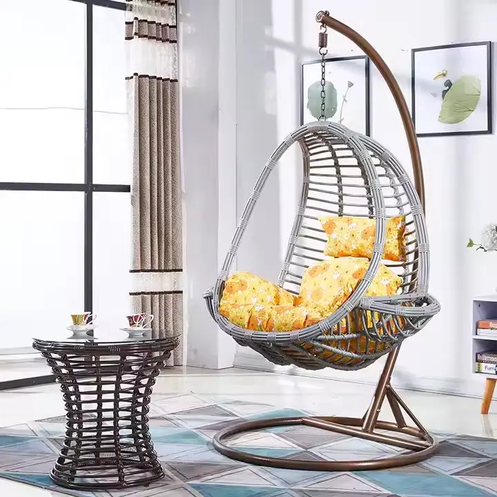 Thickened rattan swing chair outdoor furniture indoor swing set PE rattan wicker hanging egg chair with metal stand and cushion