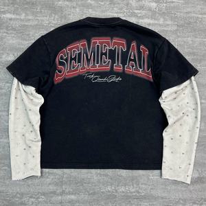 Camiseta de Lujo de Felpa Francesa Estampada, Camiseta Ancha de Gran Peso con Lavado Ácido, Camiseta Gráfica de Manga Larga de Doble Capa con Pedrería - Product Image 2