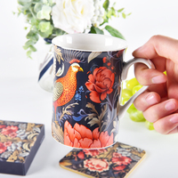 Tasses en porcelaine personnalisées uniques à motif floral et d'oiseaux vintage 15 oz, impression artistique exquise, compatibles micro-ondes et lave-vaisselle, réutilisables avec poignée