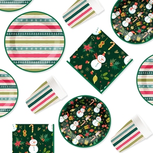 Ensemble de vaisselle de fête personnalisé DAMAI pour Noël, assiettes, gobelets et serviettes en papier à rayures vertes avec impression de bonhomme de neige jetables - Product Image 5