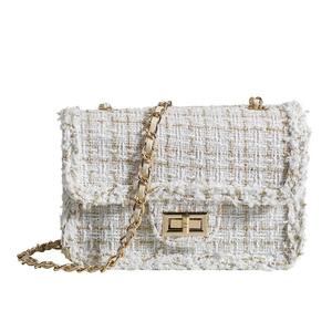 2025 nuevo bolso de cadena de tweed blanco con cierre dorado, elegante bolso de mujer retro, exquisito y de moda - Product Image 1