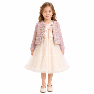 Completo 2 pezzi per <span class=keywords><strong>bambina</strong></span> 2026: Giacca in tweed francese a maniche lunghe e vestito in tulle traspirante per feste, abbigliamento <span class=keywords><strong>da</strong></span> principessa, boutique per bambini, lusso discreto - Product Image 2