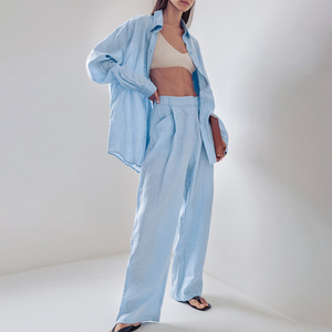 Boutique all'ingrosso 2025 estate ampia di <span class=keywords><strong>lino</strong></span> di cotone semplice camicia a maniche lunghe <span class=keywords><strong>pantaloni</strong></span> <span class=keywords><strong>lunghi</strong></span> Casual da donna - Product Image 2