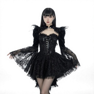 Robe corset gothique noire Lolita avec dentelle, corsage à lacets, taille haute, mini-robe pour soirée décontractée - Product Image 4