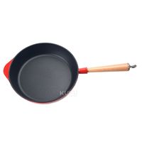 Wajan Besi Cor Berlapis Enamel dengan Gagang Kayu, Wajan Datar Berdasar Datar untuk Kompor Gas, Listrik, dan Induksi, Grosir