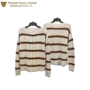 Oversized Knit y2k button striped pattern raw edge V neck Women Long Sweater Design V neck Knitted Pullover Women Sweater