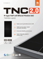 Panneau solaire Tongwei TW Solar TWMNH-66HD TNC 2.0 635W 640W 645W 650W 655W Monocristallin N-type 132 demi-cellules Bifacial