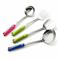 Ustensiles de cuisine colorés avec manche en ABS, en acier inoxydable 201 poli miroir : Louche, Cuillère ajourée, Spatule, Écumoire pour la cuisine domestique