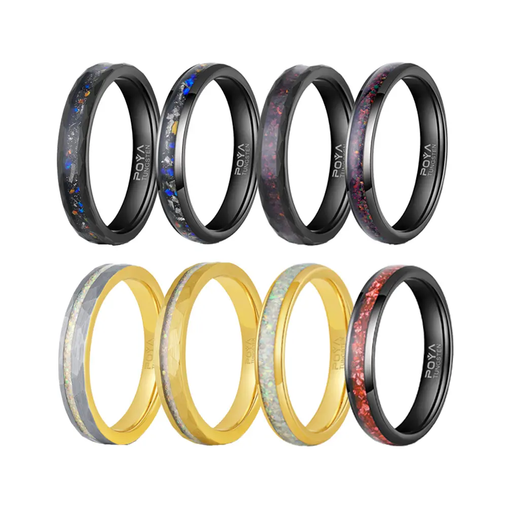 Poya Wholesale Jewelry Hypoallergenic Gold Black Hammer Tungsten Carbide Ring With Crushed Fire Opal Galaxy German Glass Stone