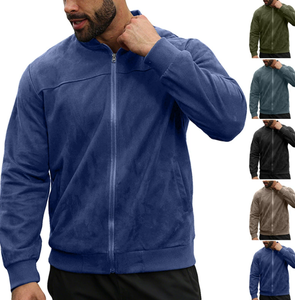 Veste en daim pour homme avec fermeture éclair, design patchwork uni, manteau simple de couleur unie - Product Image 1