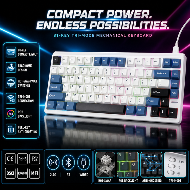 New USB 2.4Ghz Wireless Mechanical Keyboard 79 Keys Three-Color Backlit Plug and Play for Desktop Office/Laptop Use
