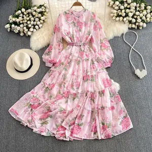 YM1175 New 2024 Korean Chic Sweet Floral Print Long Chiffon Dress Women's Elegant Dresses 1