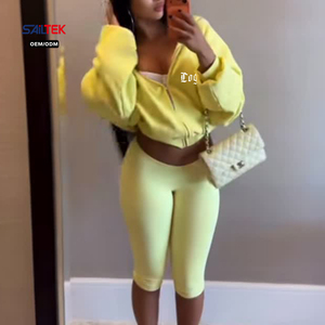 Ensembles de loungewear personnalisés pour femmes, ensemble décontracté deux pièces zippé, vêtements pour femmes, sweat à capuche court uni et leggings, tenue de sport printemps - Product Image 4