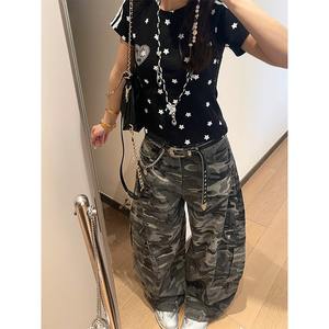 Pantalon cargo unisexe en denim délavé rétro américain, coupe bootcut, camouflage, ample, droit, multi-poches, écologique, mignon - Product Image 5