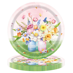 Ensemble de vaisselle sur le thème des fleurs de printemps, 40-60 pièces, assiettes en papier, gobelets, serviettes, couverts, nappe, décoration pour une utilisation en extérieur au printemps - Product Image 2