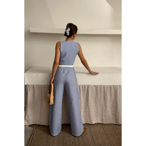 Blue WAFFLE-STRIPED Casual 2-Piece Lady's Vest <b>Trouser</b> <b>Set</b> XS Size Loose Fit Knee Length Summer Short <b>Tops</b> Shorts Pants Woven - Product Image 1