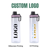 Bouteille d'eau de sport transparente de 750ml avec logo personnalisé avec trou de boisson directe et poignée portable et couvercles étanches pour la salle de sport et l'extérieur