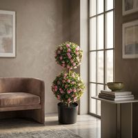 Arbre Topiaire Artificiel Rose H60cm, Boule de Buis à 3 Niveaux en Pot, Protection UV, Ignifuge, pour Mariage, Aménagement Paysager, Anniversaire