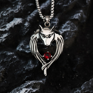 yunnique Stainless Steel Wolf Head Pendant <b>Necklace</b> With Red Zirconia For Men Hip Hop Style Gift Jewelry - Product Image 2