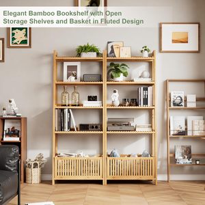 Estantería de Bambú con 5 Estantes de Exhibición y 1 Cesta de Almacenamiento Abierta, Organizador Multifuncional Moderno y No Plegable - Product Image 6