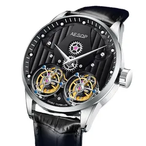 AESOP jam tangan mekanis dua Tourbillon, jam tangan Skeleton pria, jam tangan kronograf mewah jam reloj hombre