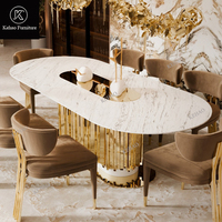 Meubles de salle à manger modernes, ensemble de table à manger haut de gamme pour 8 personnes, plateau ovale en marbre avec base en métal doré cannelé, chaises de salle à manger de luxe