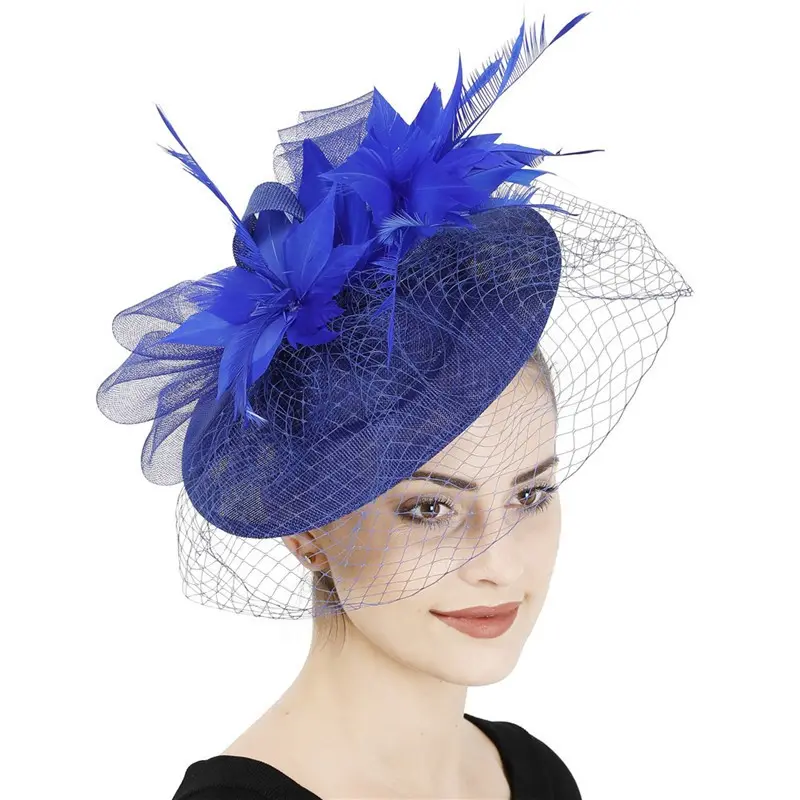 fashion Tea-Party Fascinators-Hat-Women ladies Girls blue Kentucky Derby Hat Mesh pillbox Feather church Wedding Cocktail hat