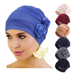 女性优雅的花朵头巾包裹发帽头巾穆斯林聚酯头巾头巾化学帽女帽子