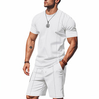Ensemble deux pièces homme style américain transfrontalier, été, coupe ample, tricot gaufré, col rond, manches courtes, respirant, uni