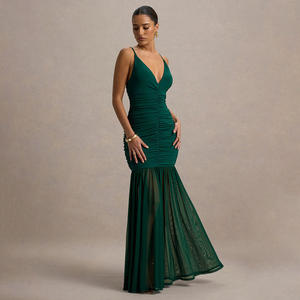 エレガントな夏のカシミヤ素材、スパゲッティストラップ、ダイヤモンドメッシュ、床丈のドレス、セクシーな深いVネック、プリーツ、パッチワーク、バックレス - Product Image 2