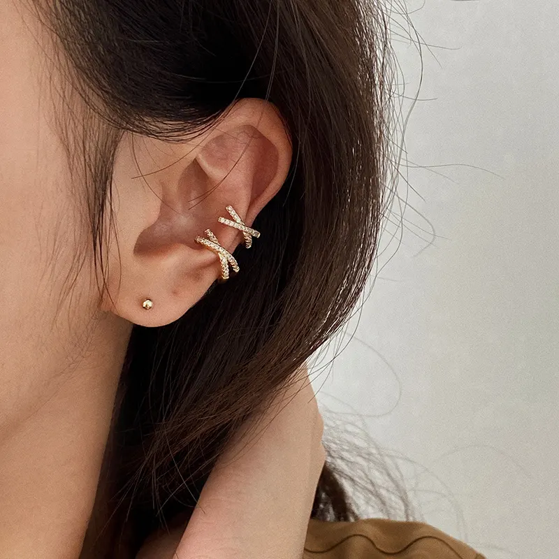 X Shape Crossed Small Ear Cuffs Intersected Cubic Zirconia Cartilage Earrings without Piercing Dainty Minimalist Korean Jewelry