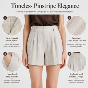 Shorts de <span class=keywords><strong>Lino</strong></span> para <span class=keywords><strong>Mujer</strong></span>, Plisados, con Rayas Verticales, Cintura Natural, Forrados, Casuales, Elegantes, de Oficina, para Verano - Product Image 4