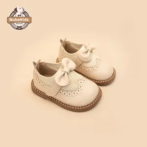 2024 printemps et automne filles nœud petites chaussures en cuir bout rond semelle souple chaussettes pour enfants chaussures princesse chaussures