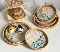 Plateau de service multifonctionnel en rotin naturel tissé à la main, style bohème, coquillages, pour gâteaux, pain, pique-nique, rangement, luxe moderne