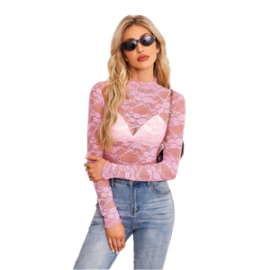 FUYI 2026 Haut en maille pour femme avec <span class=keywords><strong>dentelle</strong></span> - Style superposé sexy et tendance - T-<span class=keywords><strong>shirt</strong></span> basique décontracté à <span class=keywords><strong>manches</strong></span> <span class=keywords><strong>longues</strong></span> pour l'été - Product Image 2