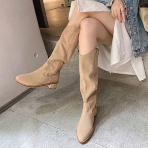 Bottes mi-hautes en <span class=keywords><strong>daim</strong></span> <span class=keywords><strong>beige</strong></span> décontractées Cialisa, en cuir véritable, pour l'automne et l'hiver, talons blocs, bottes longues noires de style western - Product Image 4