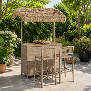Ensemble de bar de piscine en acier robuste, ensemble bistrot en rotin PE avec design Tiki Hut - Product Image 6