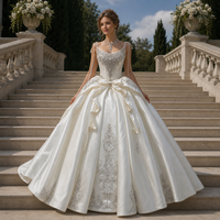 Gaun Pengantin Model Ball Gown Jancember DW0231 Bergaya Elegan Warna Ivory Satin dengan Tali Spaghetti, Hiasan Manik-Manik, dan Pita