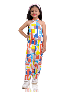Haut à bretelles pour filles avec imprimé abstrait coloré et pantalon ample, tenue décontractée d'été - Product Image 1
