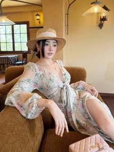 V <b>Neck</b> <b>Tie</b> Front Long Sleeve Slit Breathable Vacation Resort Wear Wholesale Boho Floral Digital Chiffon Maxi Dress Women Deep - Product Image 3