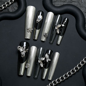 Uñas postizas de lujo de acrílico con forma de ataúd largo, hechas a mano, con cobertura completa y pedrería de estrellas, precio de fábrica al por mayor - Product Image 1