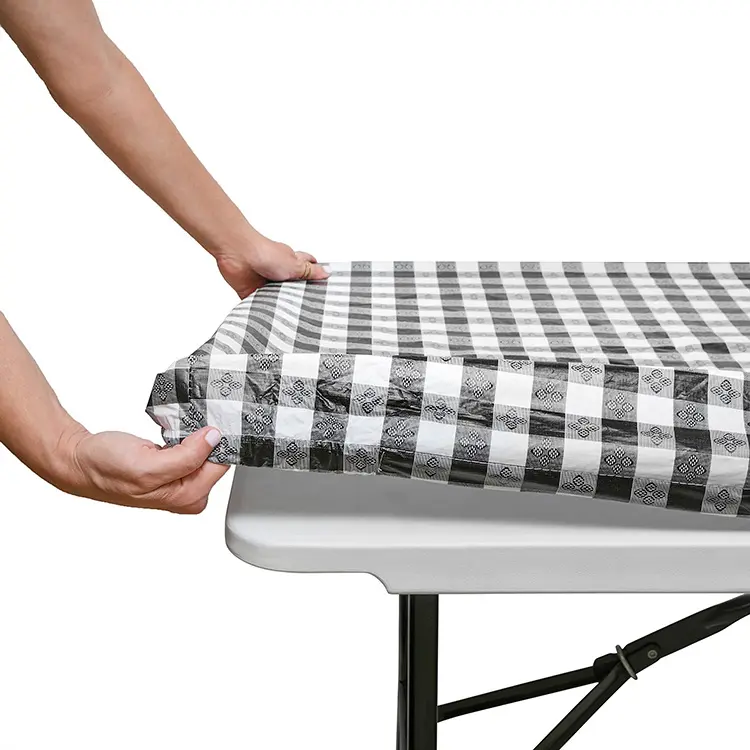 Folding Table Plastic Waterproof Tablecloth Vinyl Flannel Backed Fitted Table Cloth for Christmas Parties with Elastic Rim