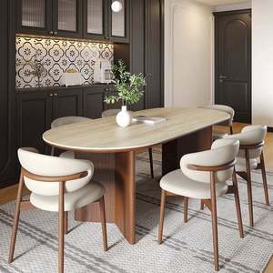Table à manger moderne en pierre frittée travertin, style rétro <span class=keywords><strong>français</strong></span>, ovale, en bois, couleur crème, pour petit foyer - Product Image 3