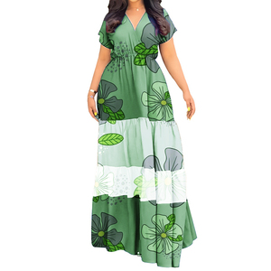 เดรสยาวลำลองแฟชั่นผู้หญิง คอวี แขนสั้น แต่งผ้าหลากสี ขายส่งราคาพิเศษ - Product Image 1