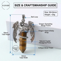 Pendentif Aile de Dragon en Cristal Naturel, Cadre Dragon en Argent Vieilli, Améthyste, Œil de Tigre, 11 Options de Pierres, Mystique, Hommes, Vente en Gros, OEM