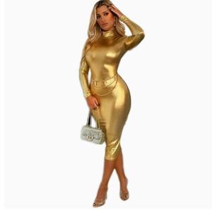 Robe mi-longue moulante à col haut et manches longues pour femme - Product Image 1