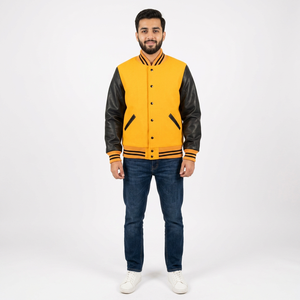 Veste universitaire en laine personnalisée de haute qualité Manches en cuir Chenille plate Patch de broderie CollegeBaseballjacket pour hommes - Product Image 1