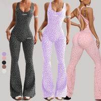 Combinaison de yoga une pièce pour femme, motif léopard, taille en V, dos croisé, pantalon évasé, pour la gym